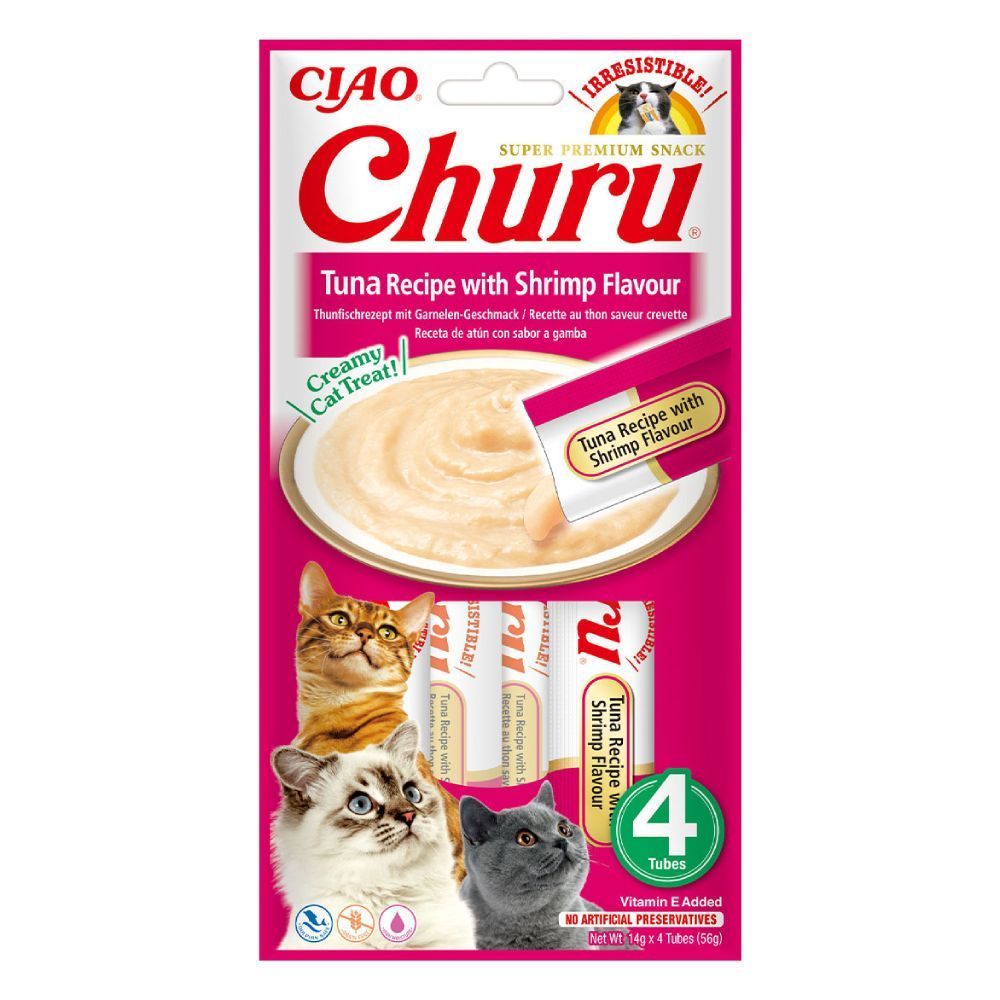 Лакомства для кошек Inaba Churu 4 шт. по 14 г — тунец и креветки Лакомства для кошек Inaba Churu 4 шт. по 14 г — тунец и креветки