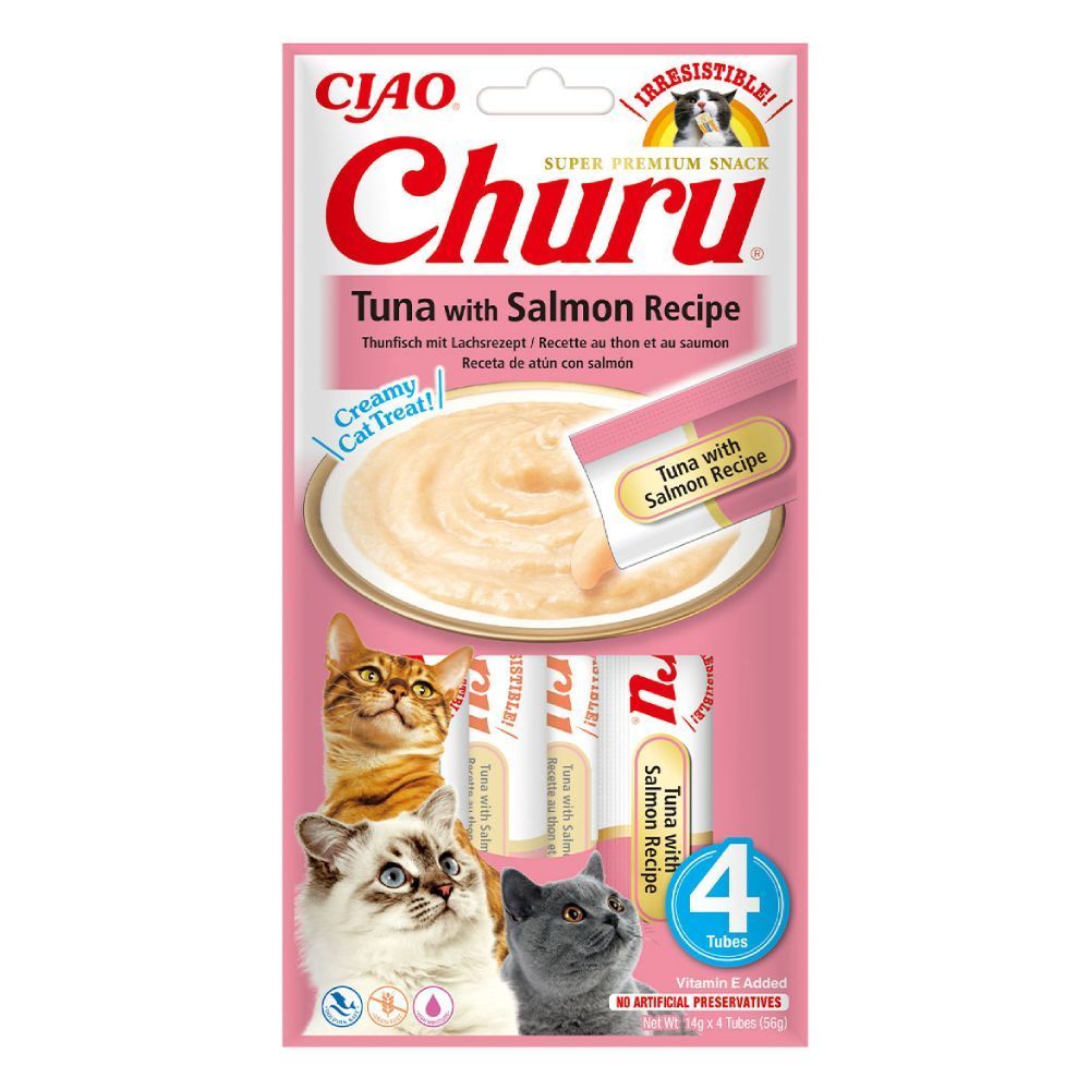 Лакомства для кошек Inaba Churu 4 шт. по 14 г — тунец и лосось Лакомства для кошек Inaba Churu 4 шт. по 14 г — тунец и лосось