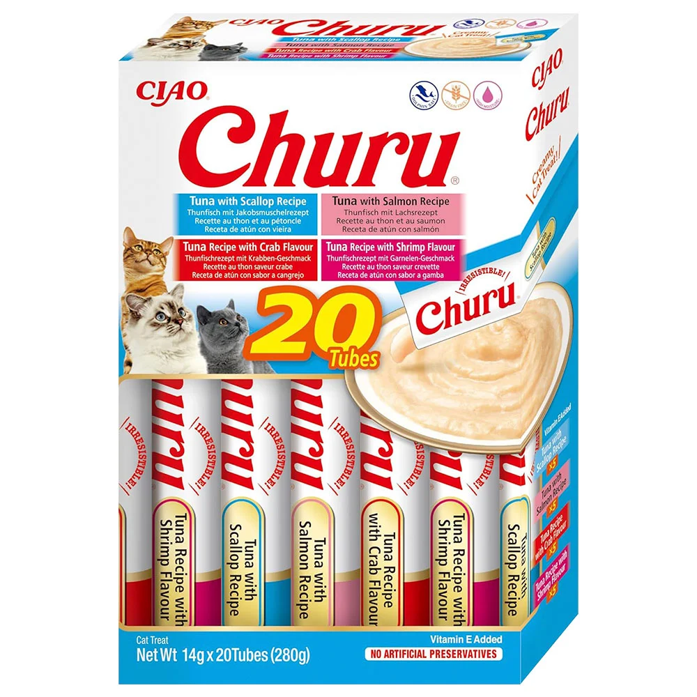 Набор лакомств для кошек Inaba Churu 20 шт. х 14 г — тунец, морской гребешок, лосось, краб и креветки Набор лакомств для кошек Inaba Churu 20 шт. х 14 г — тунец, морской гребешок, лосось, краб и креветки
