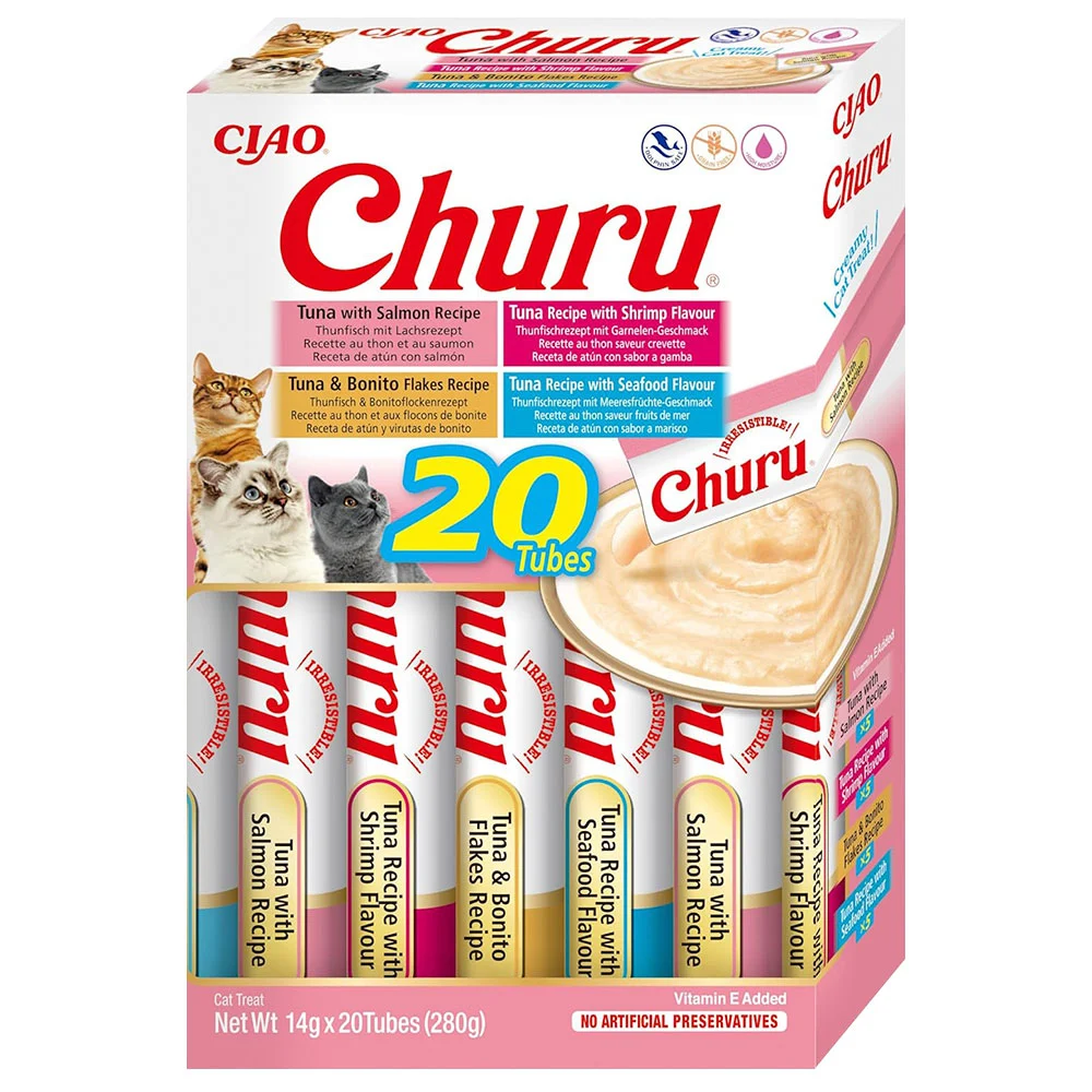 Набор лакомств для кошек Inaba Churu 20 шт. х 14 г — тунец, креветки, хлопья бонито и морепродукты Набор лакомств для кошек Inaba Churu 20 шт. х 14 г — тунец, креветки, хлопья бонито и морепродукты