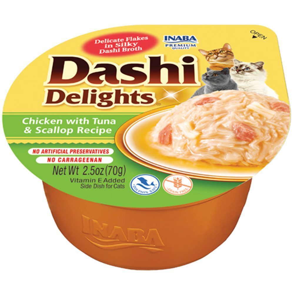 Лакомства для кошек Inaba Dashi Delights 70 г — курица, тунец и морской гребешок Лакомства для кошек Inaba Dashi Delights 70 г — курица, тунец и морской гребешок