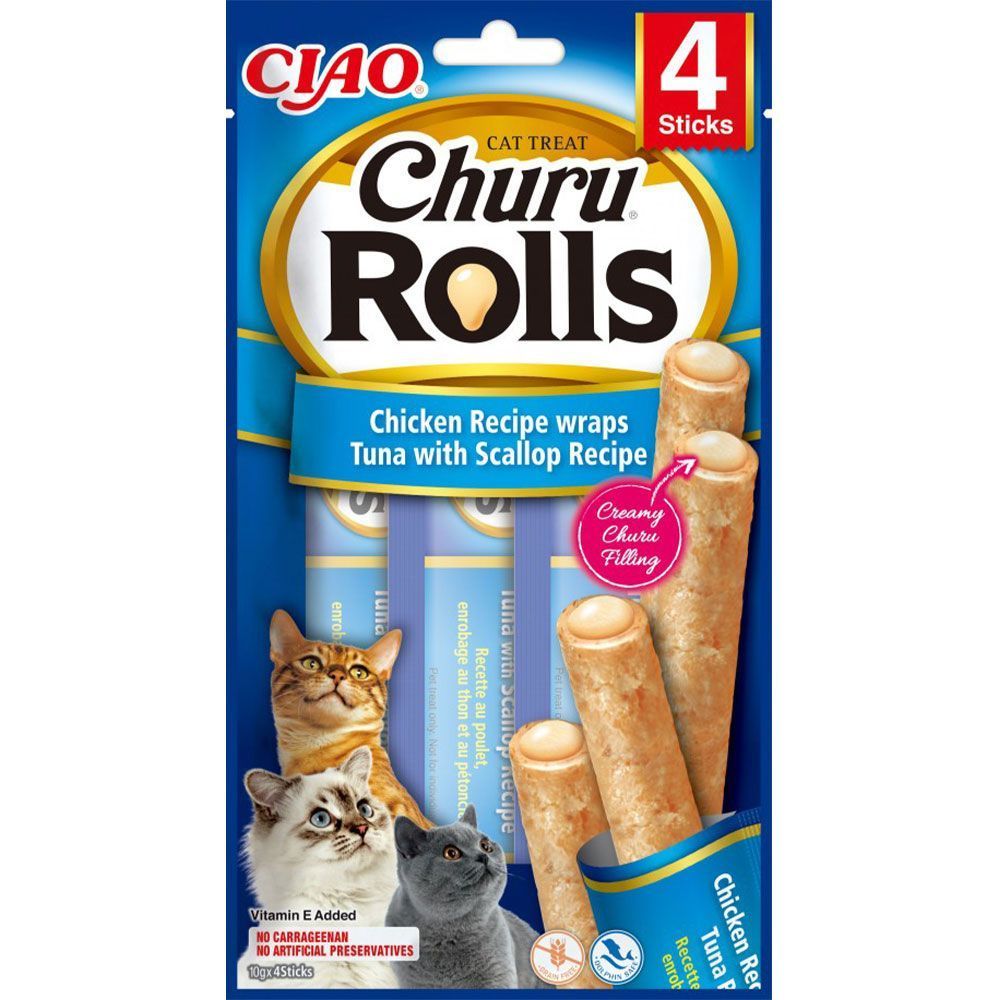 Лакомства для кошек Inaba Juicy Rolls 4 шт. по 10 г — курица, тунец и морской гребешок Лакомства для кошек Inaba Juicy Rolls 4 шт. по 10 г — курица, тунец и морской гребешок