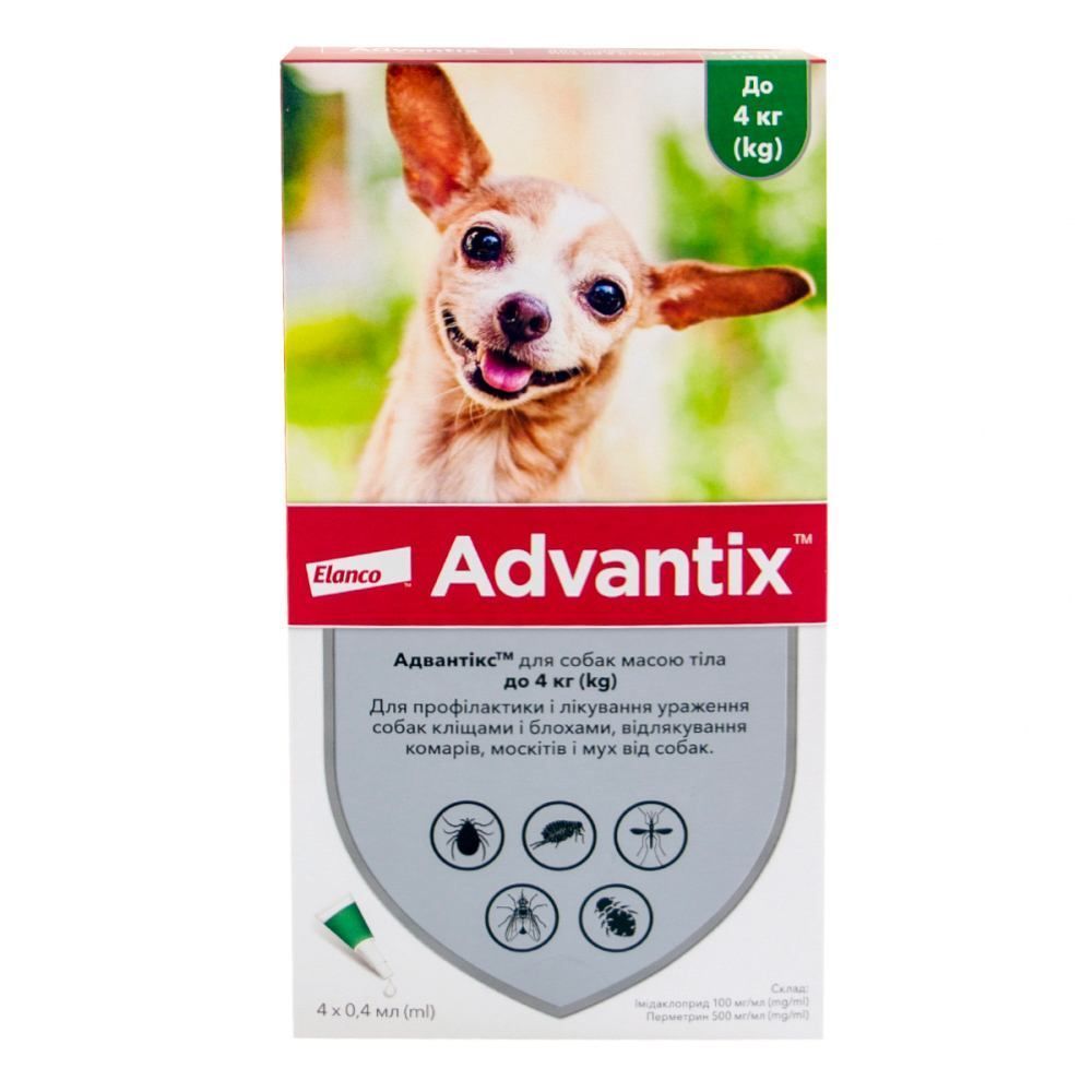 Краплі на холку для собак Elanco Bayer Advantix до 4 кг, 4 шт Краплі на холку для собак Elanco Bayer Advantix до 4 кг, 4 шт