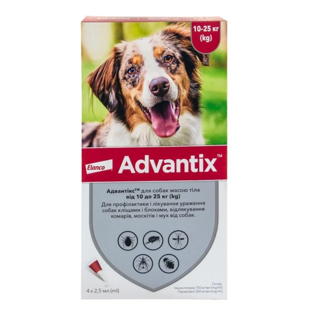 Краплі на холку для собак Elanco Bayer Advantix від 10 до 25 кг, 1 шт Краплі на холку для собак Elanco Bayer Advantix від 10 до 25 кг, 1 шт