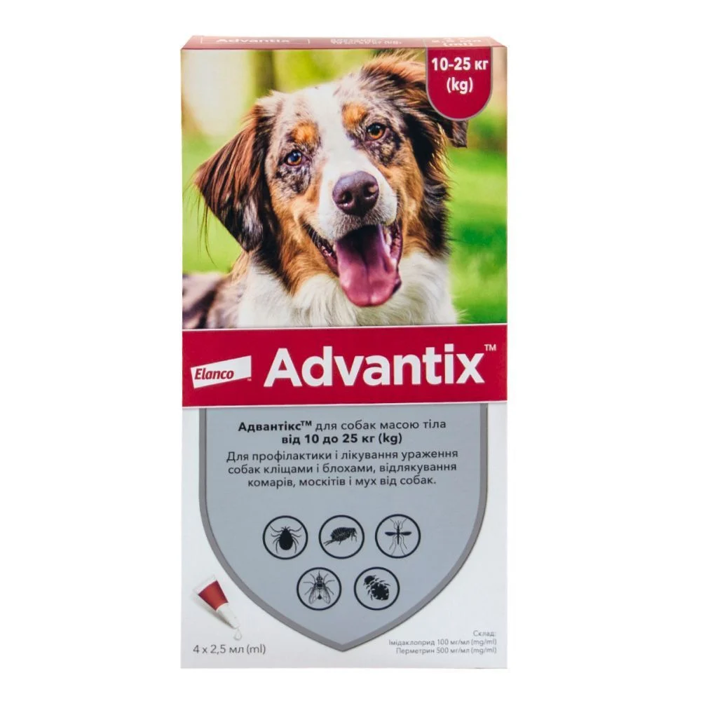 Краплі на холку для собак Elanco Bayer Advantix від 10 до 25 кг, 4 шт Краплі на холку для собак Elanco Bayer Advantix від 10 до 25 кг, 4 шт