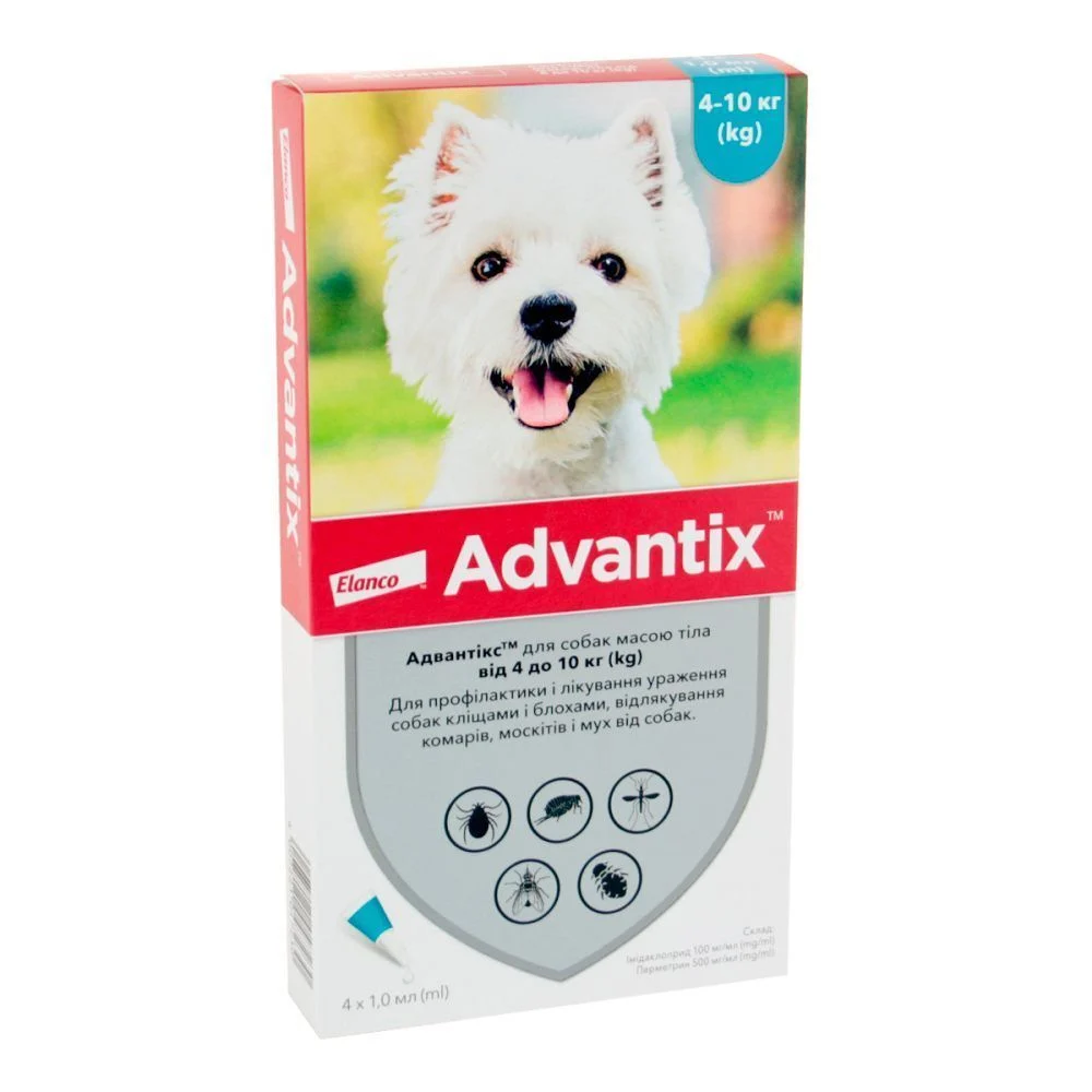 Краплі на холку для собак Elanco Bayer Advantix від 4 до 10 кг, 1 шт Краплі на холку для собак Elanco Bayer Advantix від 4 до 10 кг, 1 шт