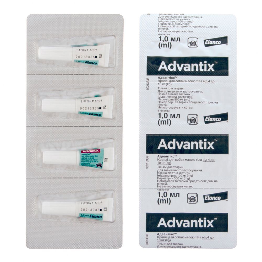 Краплі на холку для собак Elanco Bayer Advantix від 4 до 10 кг, 4 шт Краплі на холку для собак Elanco Bayer Advantix від 4 до 10 кг, 4 шт