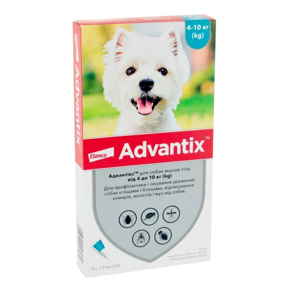 Краплі на холку для собак Elanco Bayer Advantix від 4 до 10 кг, 4 шт Краплі на холку для собак Elanco Bayer Advantix від 4 до 10 кг, 4 шт