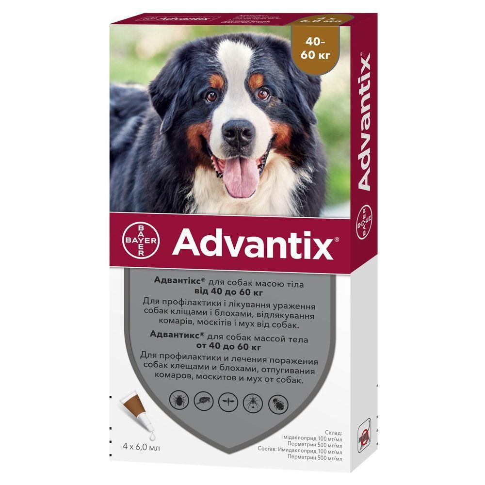 Краплі на холку для собак Elanco Bayer Advantix від 40 до 60 кг, 1 шт