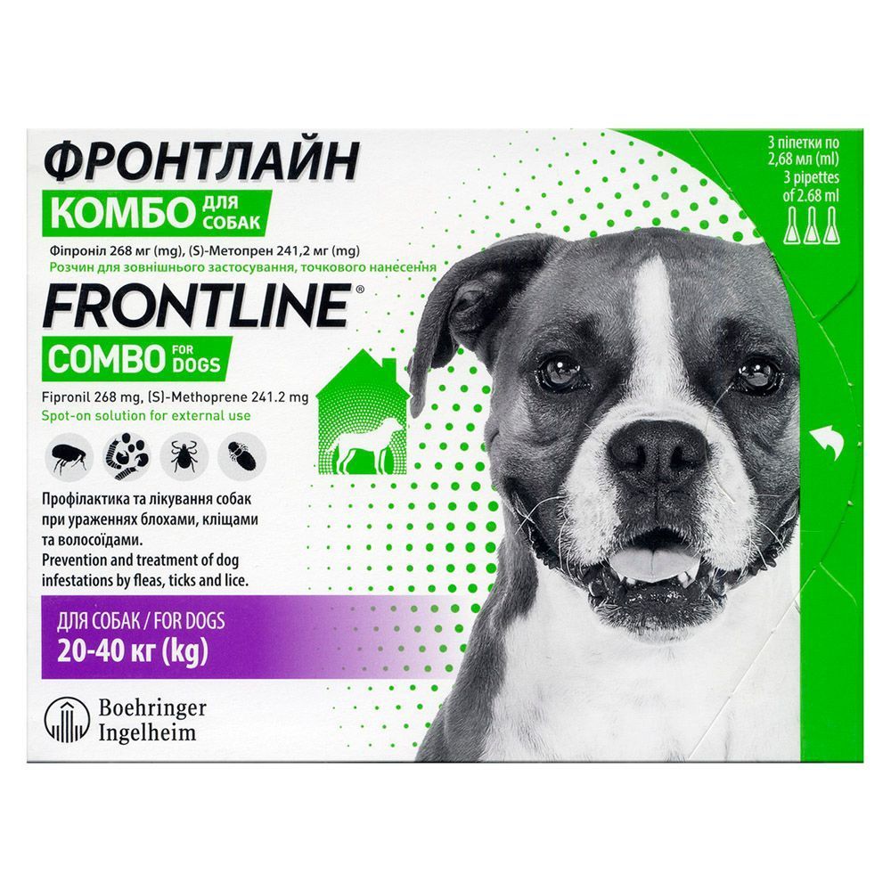 Краплі на холку для собак Boehringer Ingelheim Frontline Combo від 20 до 40 кг, 1 шт Краплі на холку для собак Boehringer Ingelheim Frontline Combo від 20 до 40 кг, 1 шт