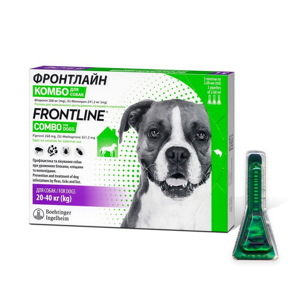 Краплі на холку для собак Boehringer Ingelheim Frontline Combo від 20 до 40 кг, 1 шт Краплі на холку для собак Boehringer Ingelheim Frontline Combo від 20 до 40 кг, 1 шт