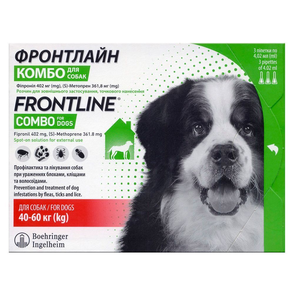 Краплі на холку для собак Boehringer Ingelheim Frontline Combo від 40 до 60 кг, 1 шт Краплі на холку для собак Boehringer Ingelheim Frontline Combo від 40 до 60 кг, 1 шт