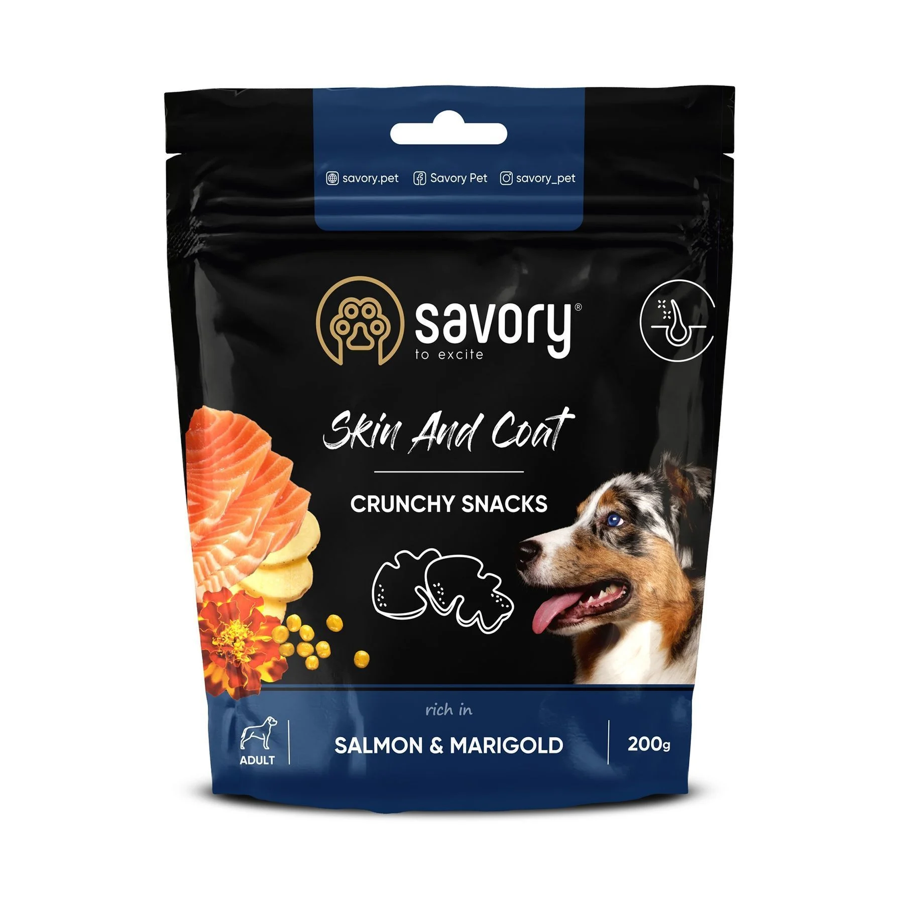 Ласощі для собак Savory Skin and Coat Crunchy Snacks 200 г - лосось та чорнобривці Ласощі для собак Savory Skin and Coat Crunchy Snacks 200 г - лосось та чорнобривці