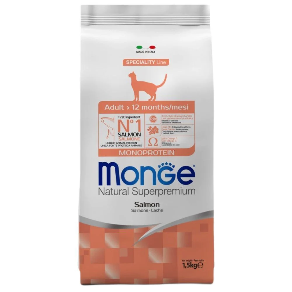 Сухой корм для кошек Monge Monoprotein Adult 1,5 кг - лосось Сухой корм для кошек Monge Monoprotein Adult 1,5 кг - лосось