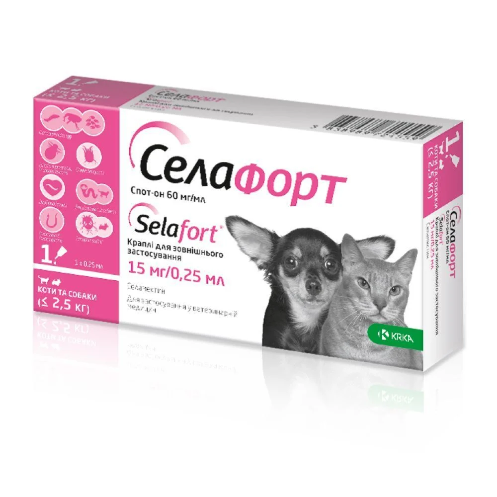 Краплі для собак і котів KRKA «Селафорт» спот-он №1, 15 мг/0,25 мл, до 2,5 кг Краплі для собак і котів KRKA «Селафорт» спот-он №1, 15 мг/0,25 мл, до 2,5 кг