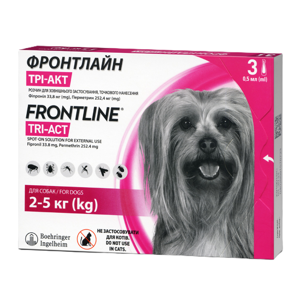 Капли на затылок для собак Boehringer Ingelheim Frontline Tri-Act от 2 до 5 кг, 3 шт Капли на затылок для собак Boehringer Ingelheim Frontline Tri-Act от 2 до 5 кг, 3 шт