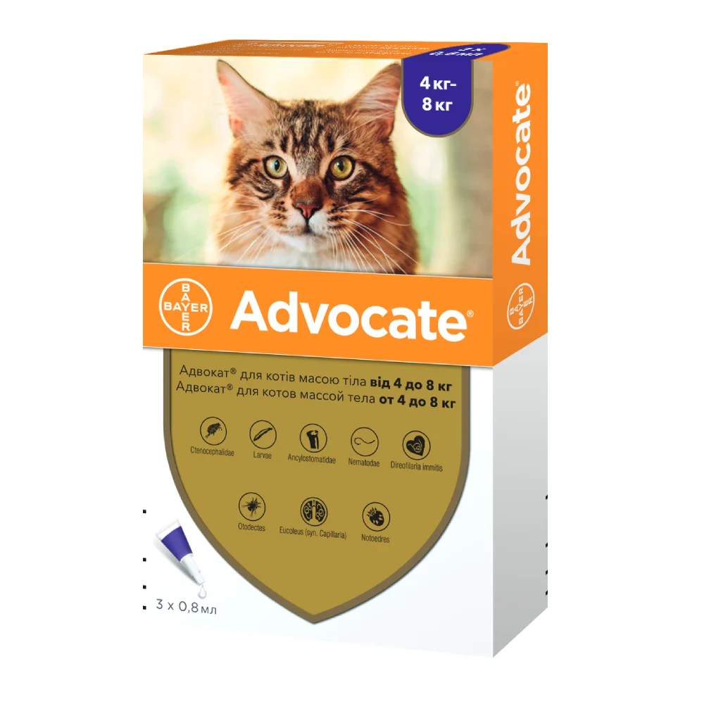 Краплі на холку для котів Elanco Bayer Advocate від 4 до 8 кг, 1 шт Краплі на холку для котів Elanco Bayer Advocate від 4 до 8 кг, 1 шт