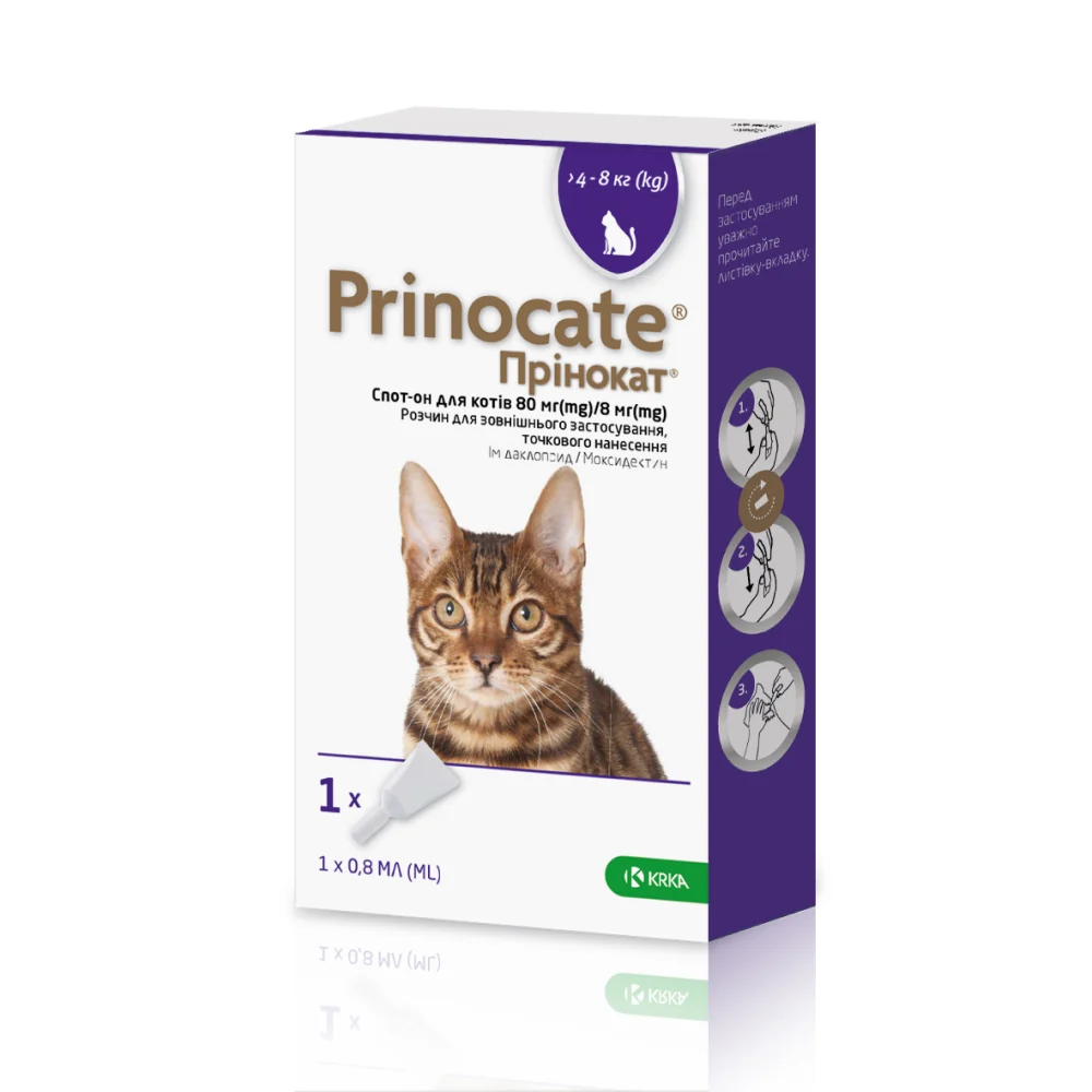 Краплі на холку для котів KRKA «Prinocat» (Прінокат) №3, до 4-8 кг, 80мг / 8мг / 0,8мл 1 піпетка (від зовнішніх і внутрішніх паразитів) Краплі на холку для котів KRKA «Prinocat» (Прінокат) №3, до 4-8 кг, 80мг / 8мг / 0,8мл 1 піпетка (від зовнішніх і внутрішніх паразитів)