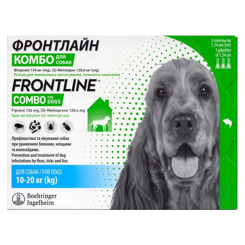 Капли на затылок для собак Boehringer Ingelheim Frontline Combo от 10 до 20 кг, 3 шт Капли на затылок для собак Boehringer Ingelheim Frontline Combo от 10 до 20 кг, 3 шт