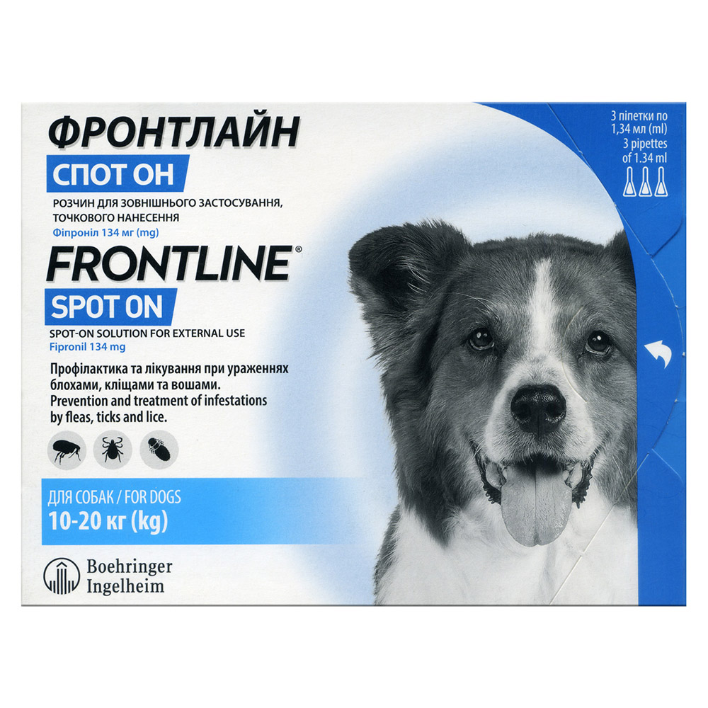 Капли на затылок Boehringer Ingelheim Frontline Spot-ON от 10 до 20 кг, 3 пипетки Капли на затылок Boehringer Ingelheim Frontline Spot-ON от 10 до 20 кг, 3 пипетки