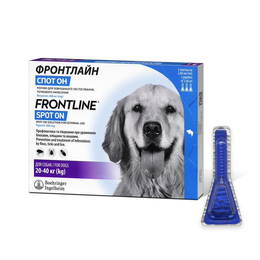 Капли на затылок Boehringer Ingelheim Frontline Spot-ON от 20 до 40 кг, 1 пипетка Капли на затылок Boehringer Ingelheim Frontline Spot-ON от 20 до 40 кг, 1 пипетка