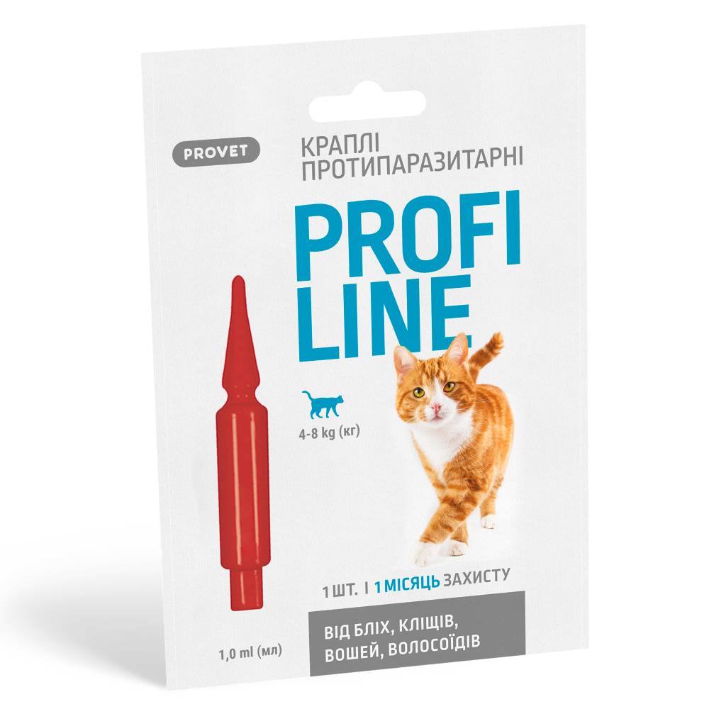 Краплі на холку для котів PROVET Profiline від 4 до 8 кг, 1 шт Краплі на холку для котів PROVET Profiline від 4 до 8 кг, 1 шт