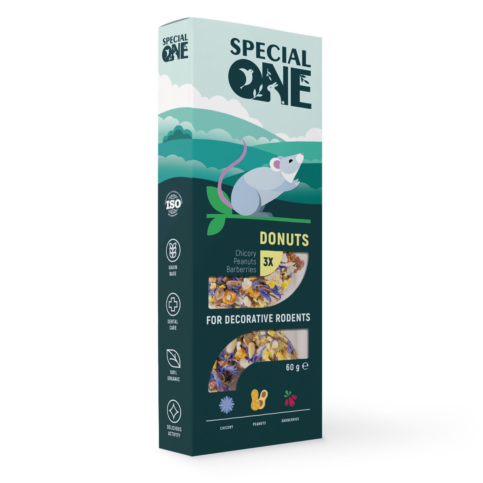 Лакомства для грызунов Special One Пончики 3 шт. х 20 г — цикорий, арахис и барбарис Лакомства для грызунов Special One Пончики 3 шт. х 20 г — цикорий, арахис и барбарис