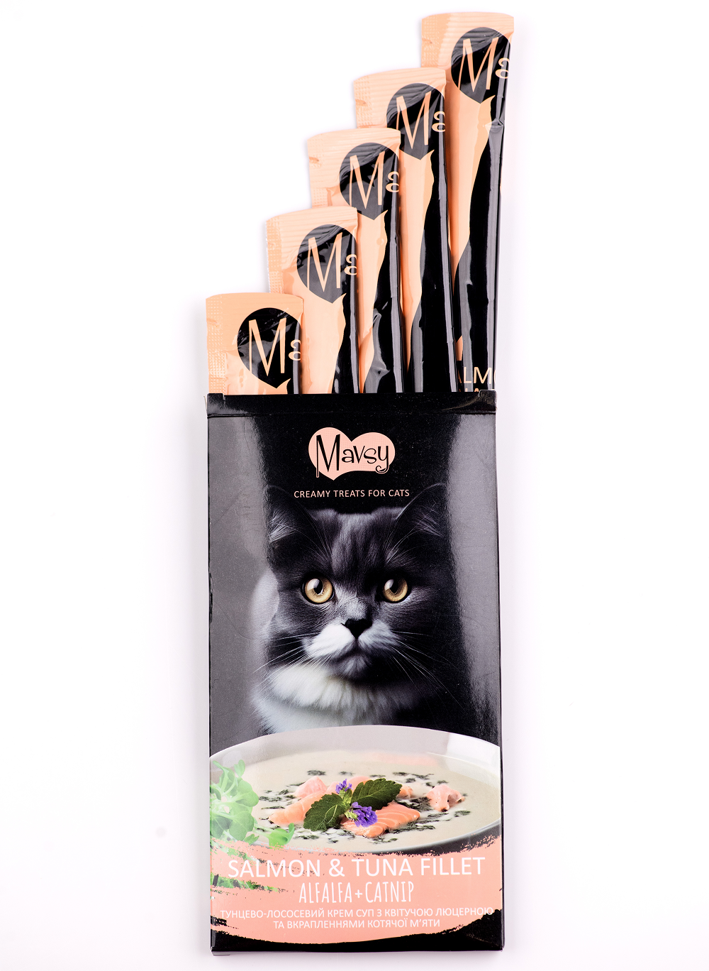 Ласощі для котів Mavsy Creamy 5 шт х 15 г - тунець та лосось