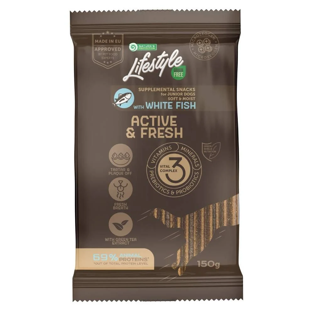 Ласощі для цуценят Nature's Protection Lifestyle Active & Fresh 150 г - біла риба Ласощі для цуценят Nature's Protection Lifestyle Active & Fresh 150 г - біла риба