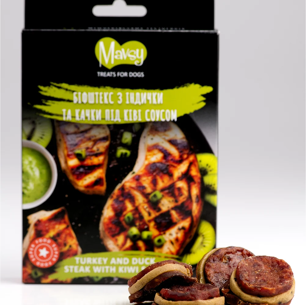 Ласощі для собак Mavsy Refined jerky 100 г - біфштекс з індички Ласощі для собак Mavsy Refined jerky 100 г - біфштекс з індички