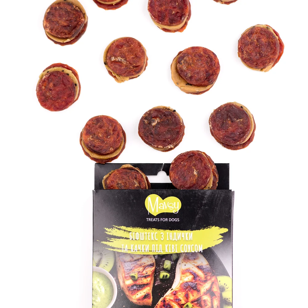 Ласощі для собак Mavsy Refined jerky 100 г - біфштекс з індички Ласощі для собак Mavsy Refined jerky 100 г - біфштекс з індички