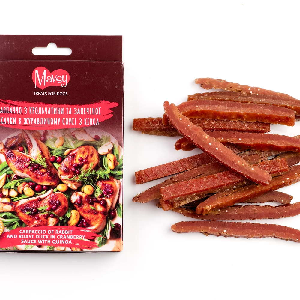 Ласощі для собак Mavsy Refined jerky 100 г - карпаччо з кролика Ласощі для собак Mavsy Refined jerky 100 г - карпаччо з кролика
