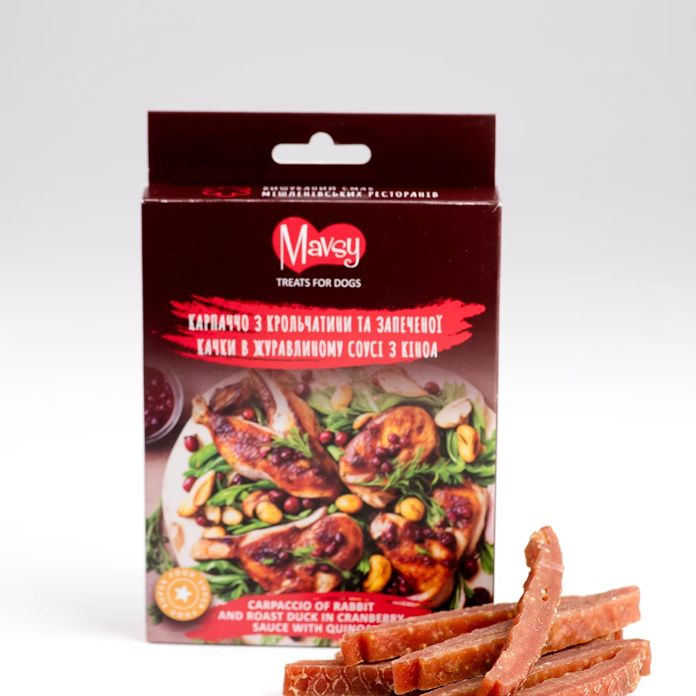 Ласощі для собак Mavsy Refined jerky 100 г - карпаччо з кролика Ласощі для собак Mavsy Refined jerky 100 г - карпаччо з кролика