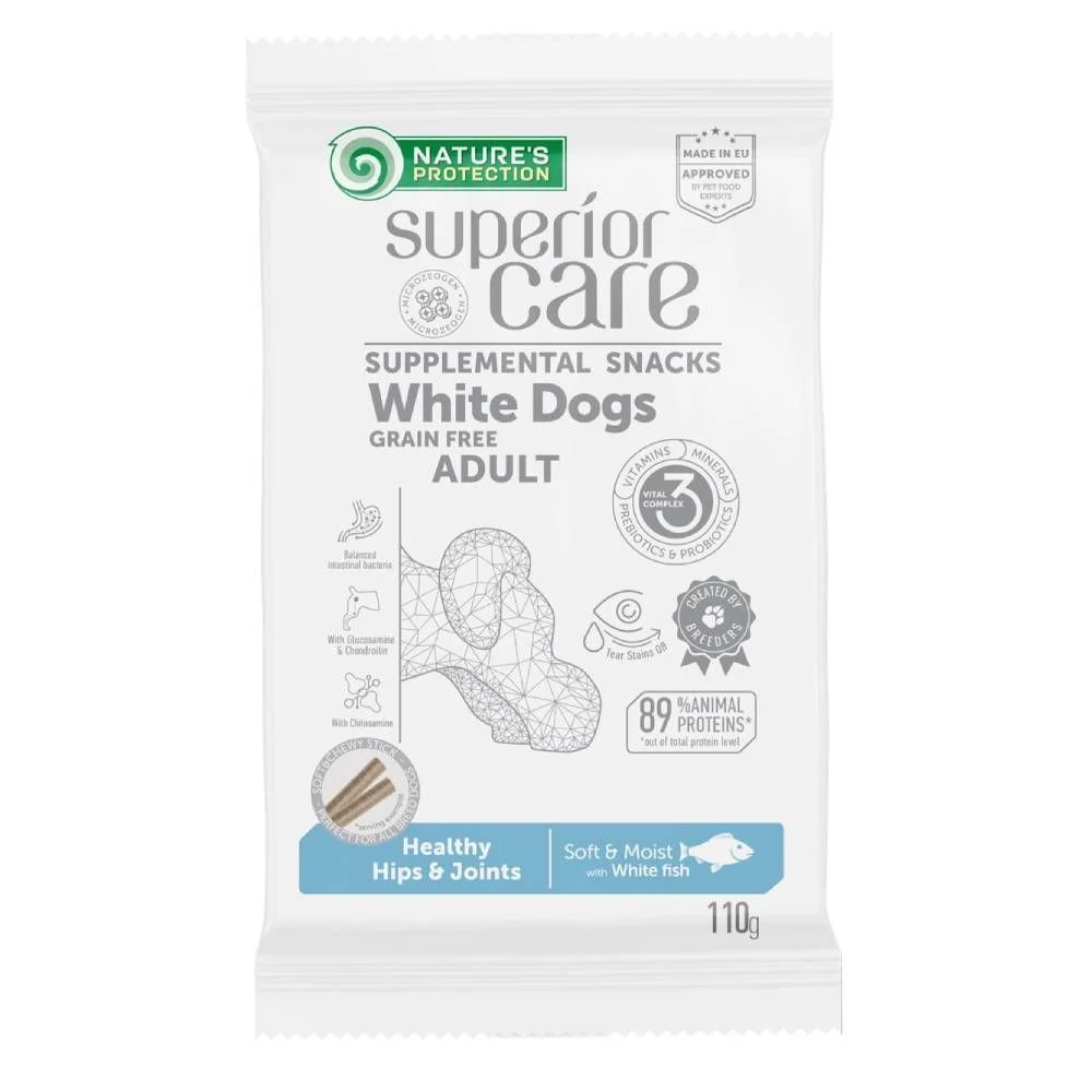 Ласощі для собак Nature's Protection Superior Care White Dogs Adult Healthy Hips & Joints 110 г - біла риба Ласощі для собак Nature's Protection Superior Care White Dogs Adult Healthy Hips & Joints 110 г - біла риба