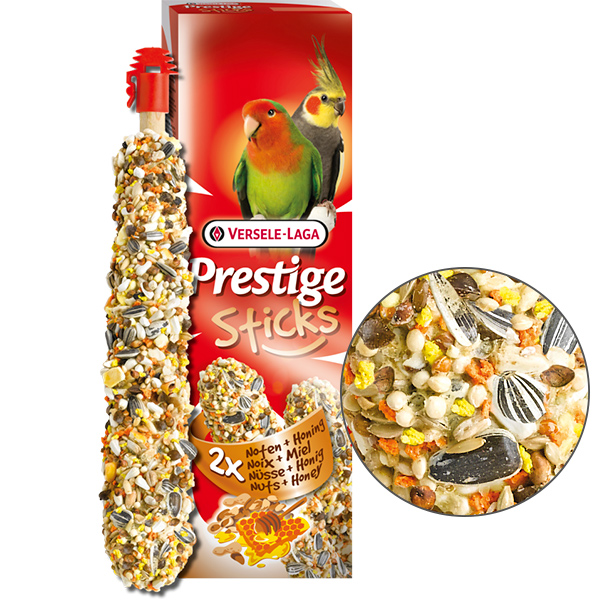 Ласощі для середніх папуг Versele-Laga «Prestige Sticks Big Parakeets Nuts & Honey» 140 г / 2 шт (горіхи і мед)