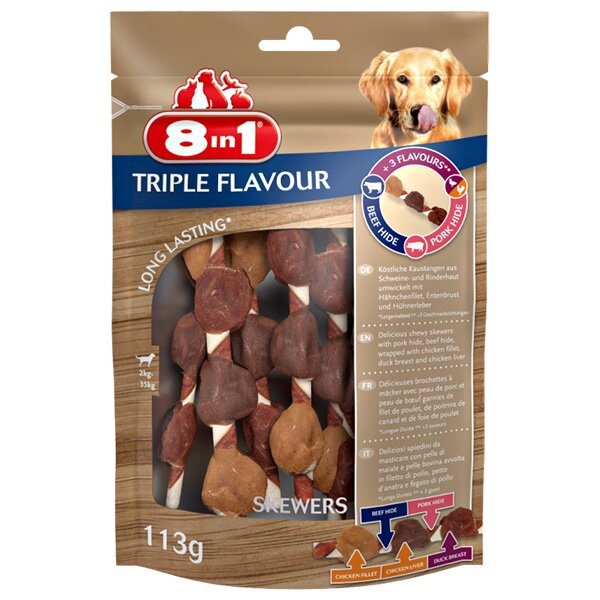 Ласощі для собак 8in1 Triple Flavour Skewers Паличка з м'ясом 13 см, 113 г / 6 шт. (яловичина та свинина)