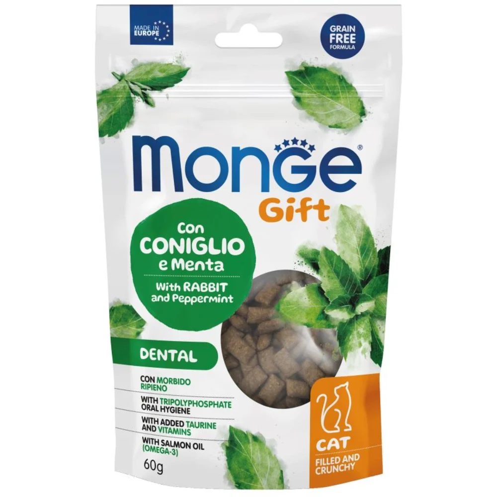 Ласощі для котів Monge Gift Dental 60 г - кролик та перцева м'ята Ласощі для котів Monge Gift Dental 60 г - кролик та перцева м'ята