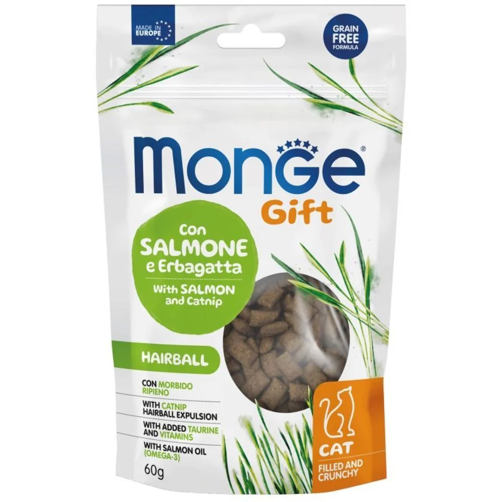 Ласощі для котів Monge Gift Hairball 60 г - лосось та котяча м'ята Ласощі для котів Monge Gift Hairball 60 г - лосось та котяча м'ята