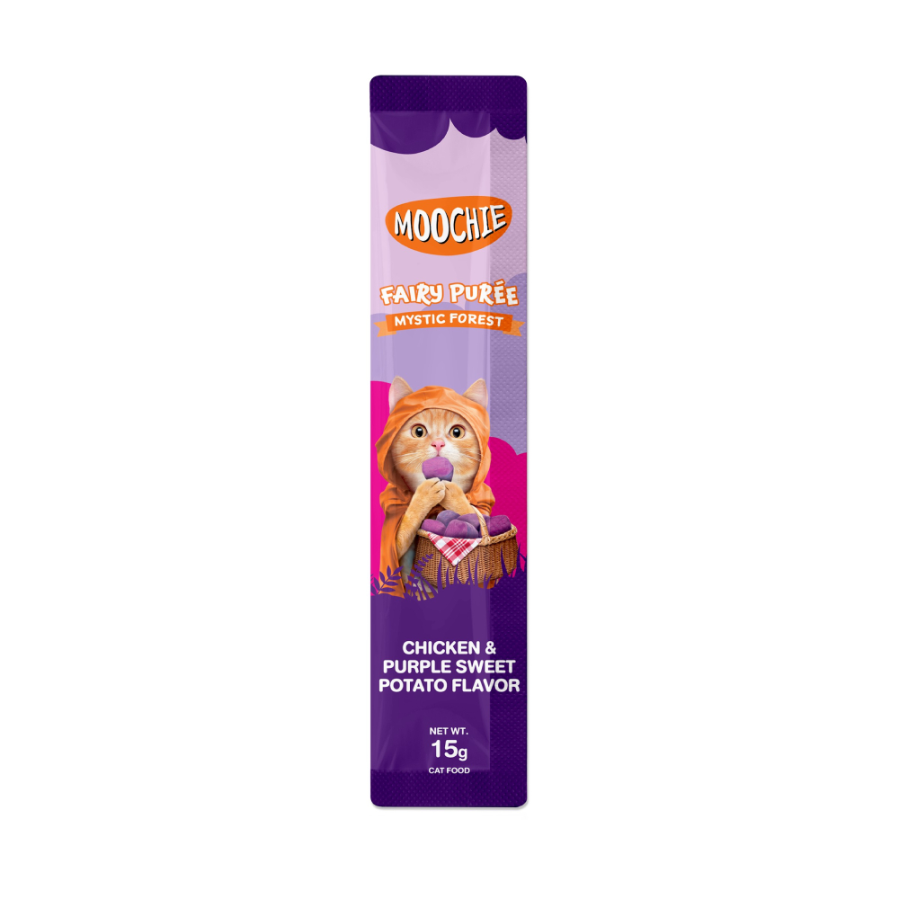 Лакомства для кошек Moochie Fairy Puree 25 шт. х 15 г — курица и батат Лакомства для кошек Moochie Fairy Puree 25 шт. х 15 г — курица и батат