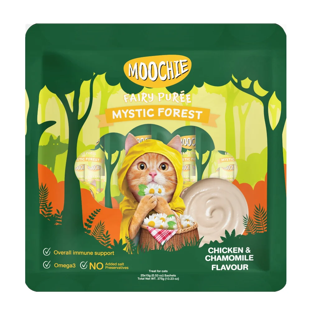 Лакомства для кошек Moochie Fairy Puree 25 шт. х 15 г — курица и ромашка Лакомства для кошек Moochie Fairy Puree 25 шт. х 15 г — курица и ромашка