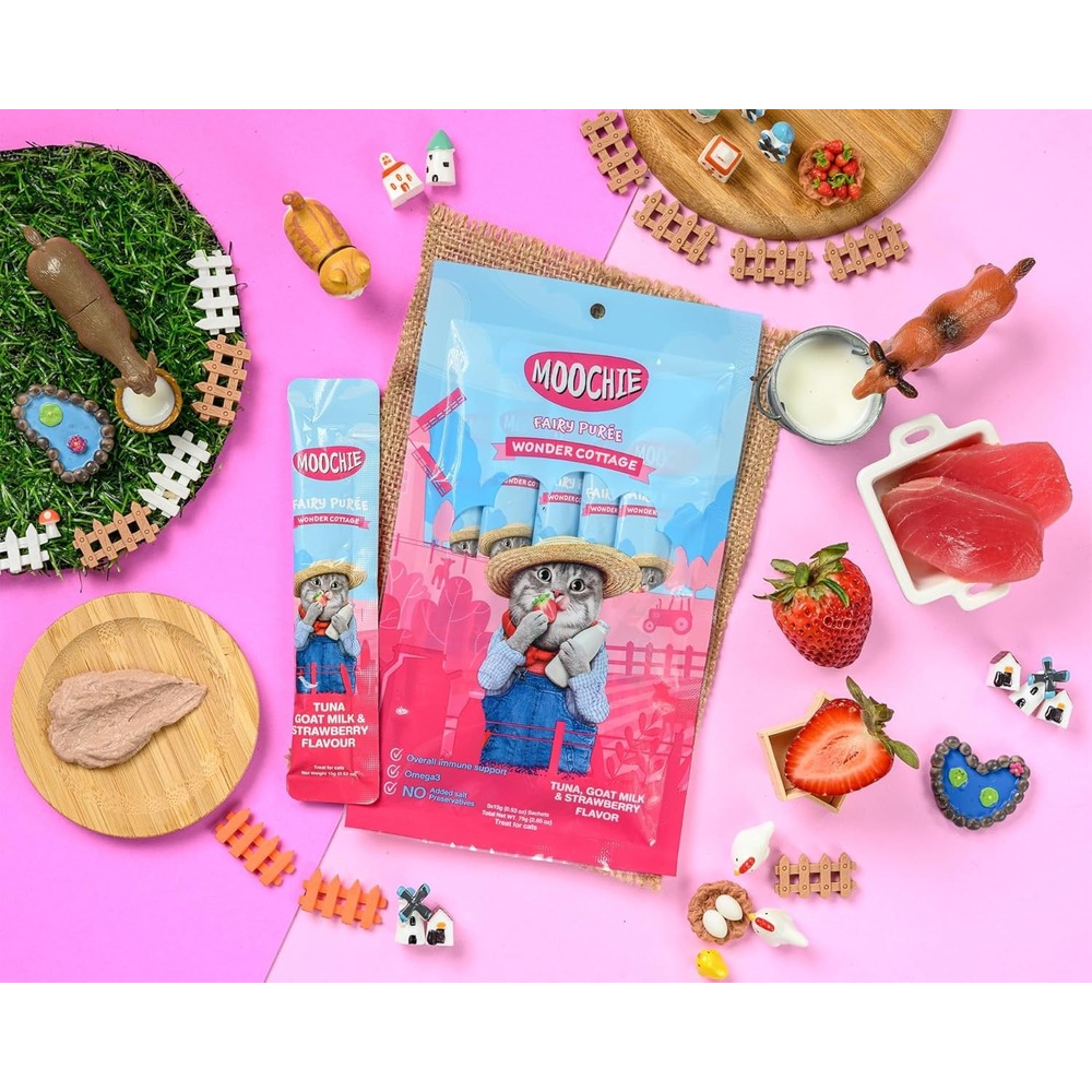 Лакомства для кошек Moochie Fairy Puree 25 шт. х 15 г — тунец, козье молоко и клубника Лакомства для кошек Moochie Fairy Puree 25 шт. х 15 г — тунец, козье молоко и клубника
