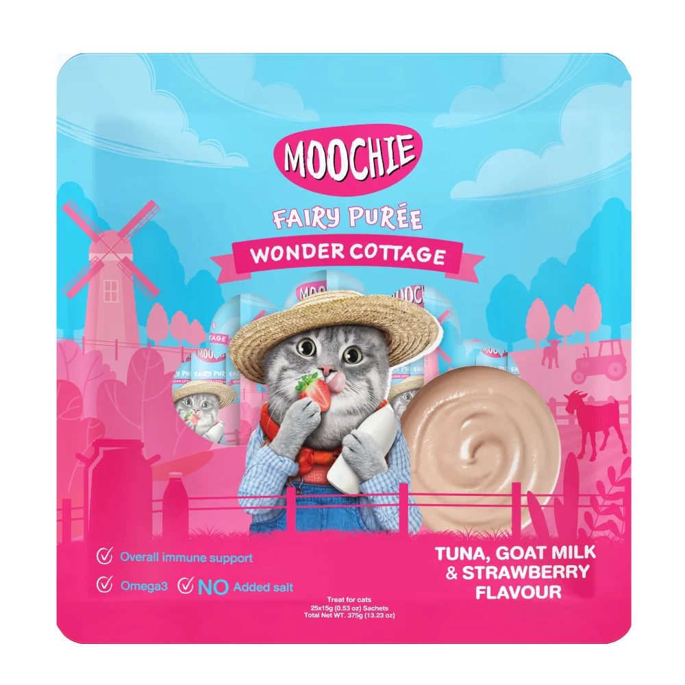 Лакомства для кошек Moochie Fairy Puree 25 шт. х 15 г — тунец, козье молоко и клубника Лакомства для кошек Moochie Fairy Puree 25 шт. х 15 г — тунец, козье молоко и клубника