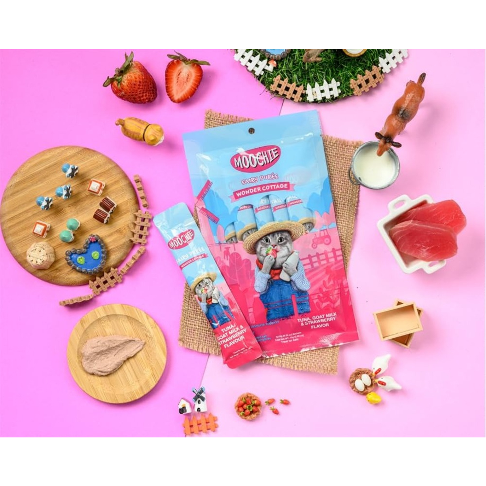 Лакомства для кошек Moochie Fairy Puree 25 шт. х 15 г — тунец, козье молоко и клубника Лакомства для кошек Moochie Fairy Puree 25 шт. х 15 г — тунец, козье молоко и клубника