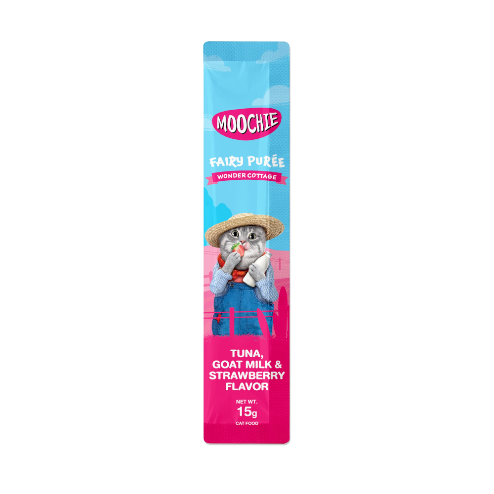 Лакомства для кошек Moochie Fairy Puree 25 шт. х 15 г — тунец, козье молоко и клубника Лакомства для кошек Moochie Fairy Puree 25 шт. х 15 г — тунец, козье молоко и клубника