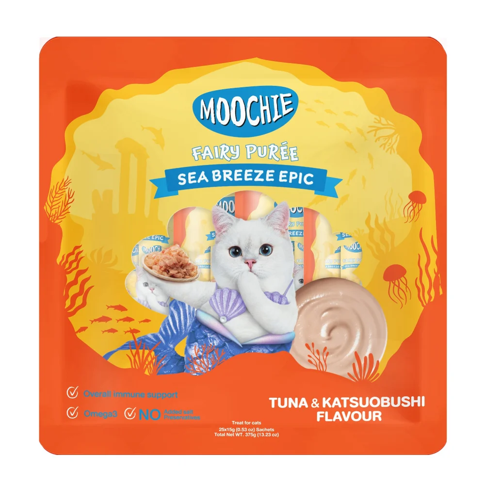 Лакомства для кошек Moochie Fairy Puree 25 шт. х 15 г — тунец и кацуобуси Лакомства для кошек Moochie Fairy Puree 25 шт. х 15 г — тунец и кацуобуси