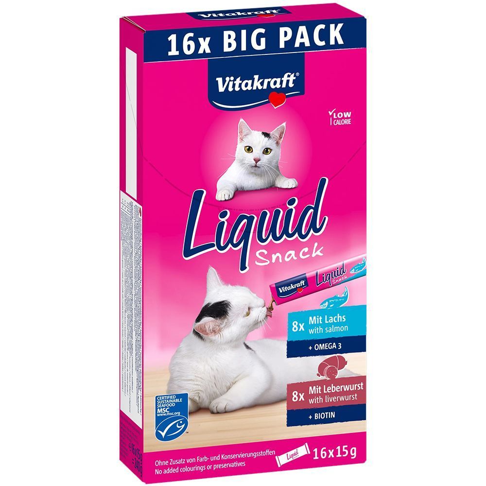 Ласощі для котів Vitakraft Liquid Snack 16 шт x 15 г - ліверна ковбаса та лосось Ласощі для котів Vitakraft Liquid Snack 16 шт x 15 г - ліверна ковбаса та лосось