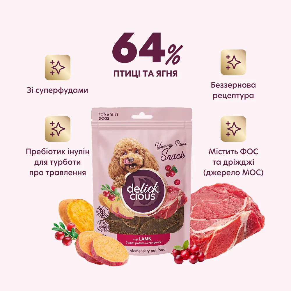 Ласощі для собак Delickcious Yummy Paws Snack Adult 80 г - ягня, батат та журавлина