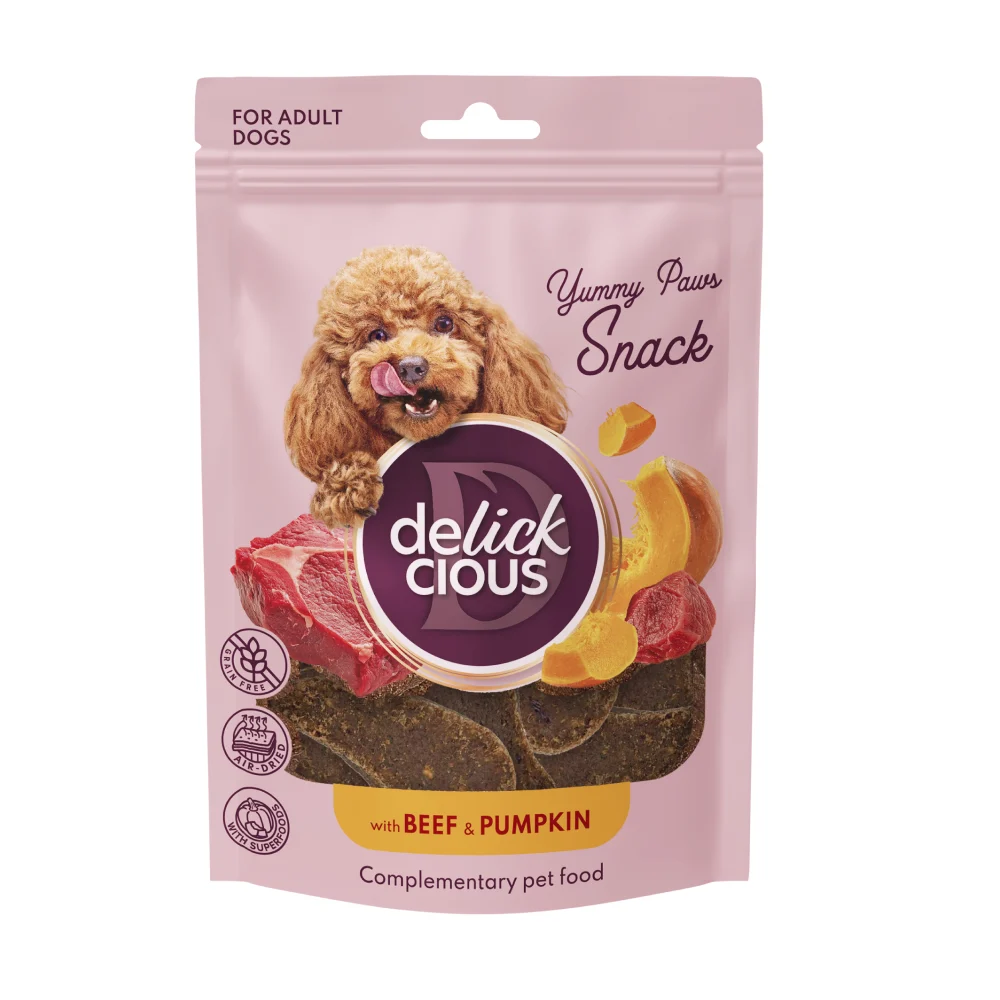 Ласощі для собак Delickcious Yummy Paws Snack Adult 80 г - яловичина та гарбуз Ласощі для собак Delickcious Yummy Paws Snack Adult 80 г - яловичина та гарбуз