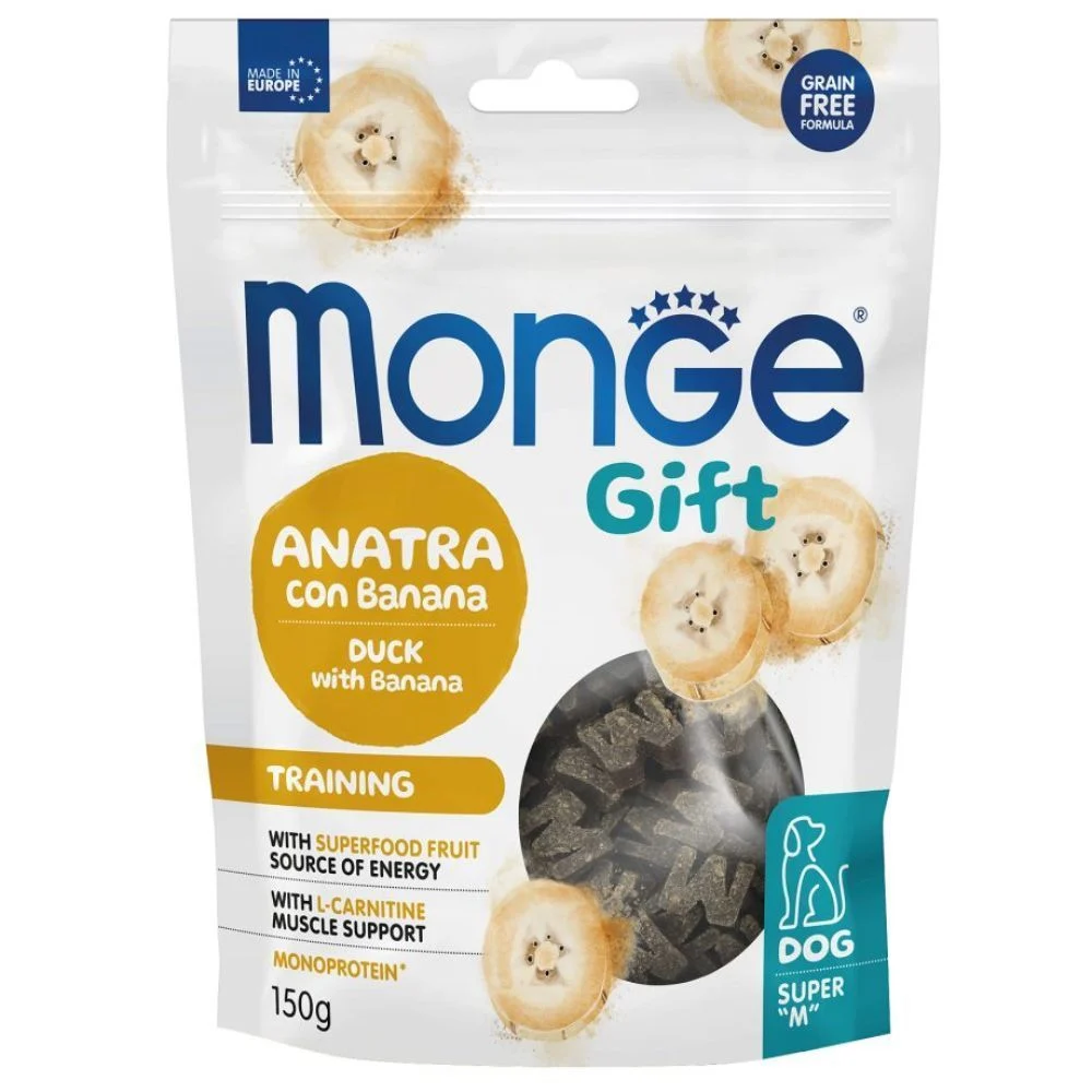 Ласощі для собак Monge Gift Training 150 г - качка та банан Ласощі для собак Monge Gift Training 150 г - качка та банан