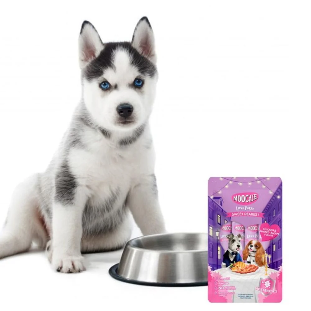 Лакомство для собак Moochie Love Puree Sweet Dearest 4 шт х 15 г - курица и бекон Лакомство для собак Moochie Love Puree Sweet Dearest 4 шт х 15 г - курица и бекон